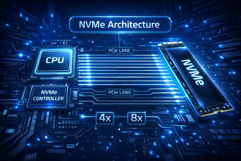 llustration showing NVMe architecture and PCIe lanes usage.