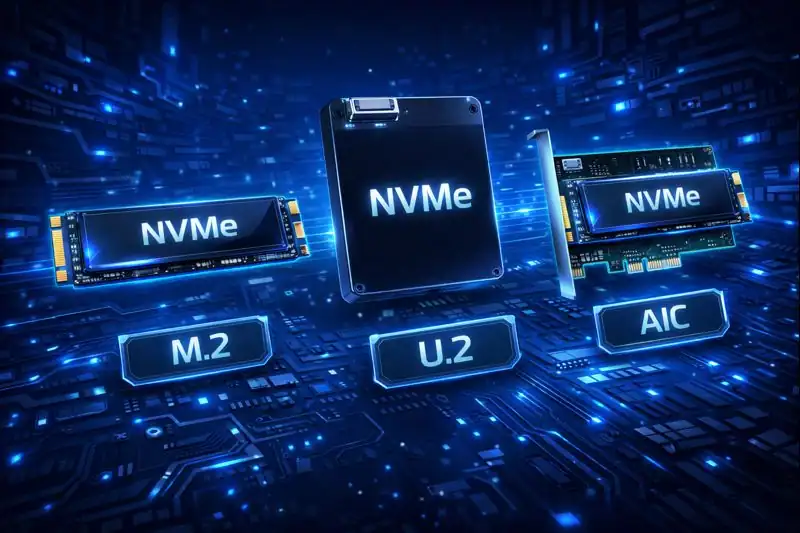 Comparison of M.2, U.2, and AIC NVMe drives with form factor labels.