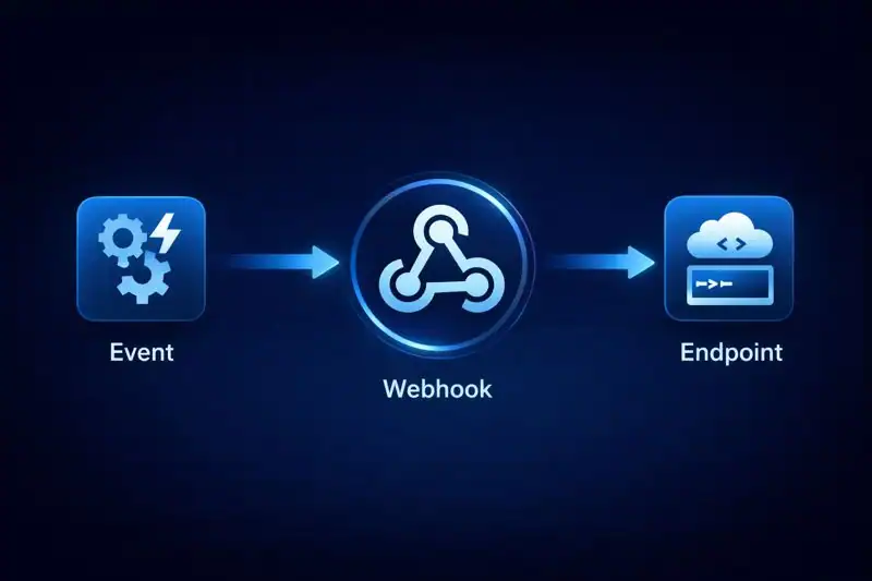 Diagram showing event > webhook > endpoint in a simple data flow.