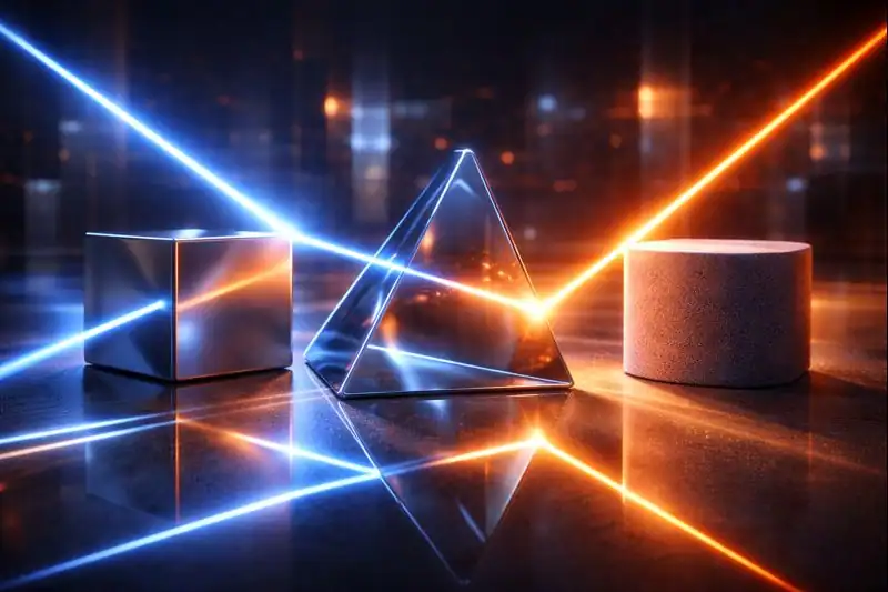 Illustration showing ray tracing by light rays bouncing off metal, glass, and matte surfaces in a 3D scene