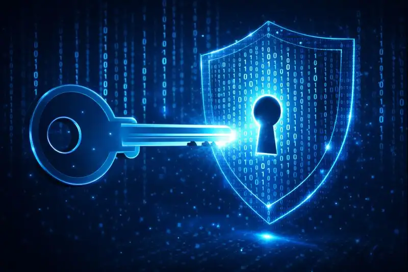Close-up of a digital key unlocking a shield made of binary code, representing secure data decryption.