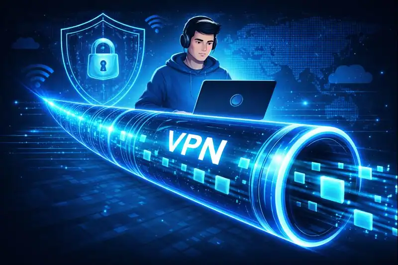 A user sitting behind a virtual VPN tunnel with data packets flowing through a secure, encrypted pipeline.