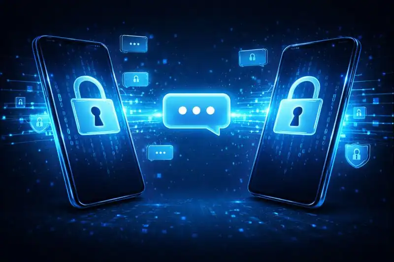 Illustration of two smartphones with padlocks showing private communication.