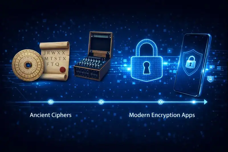 Timeline graphic showing evolution from ancient ciphers to modern encryption apps.