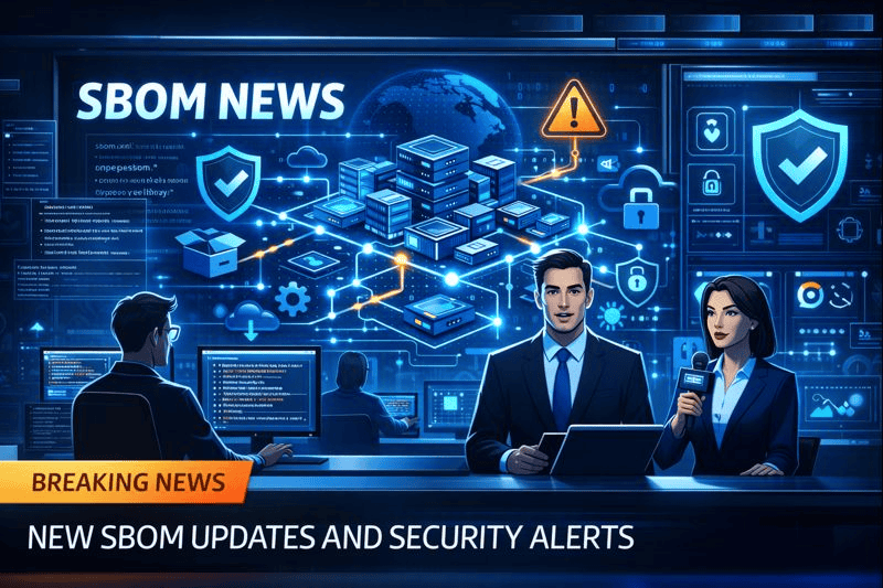 Futuristic newsroom covering SBOM news security and developer updates