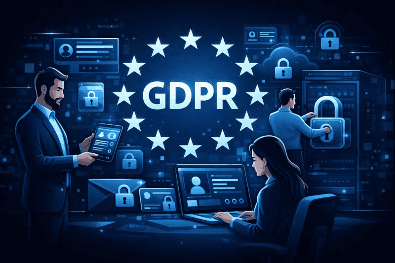 Professionals encrypting data for GDPR compliance