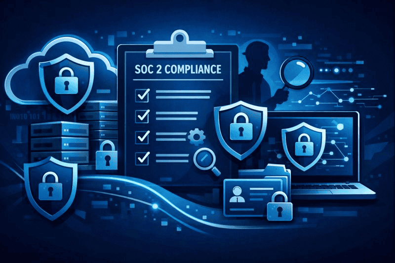 SOC 2 compliance concept with secure cloud, checklist, and padlocks