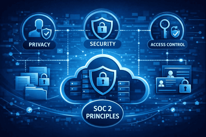 Cloud diagram showing SOC 2 privacy, security, and access control principles