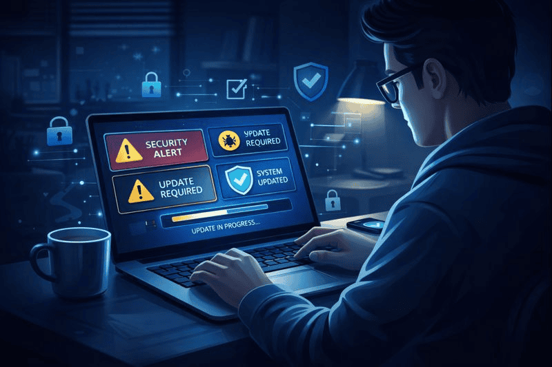 Person updating system security on laptop with alerts and protection icons