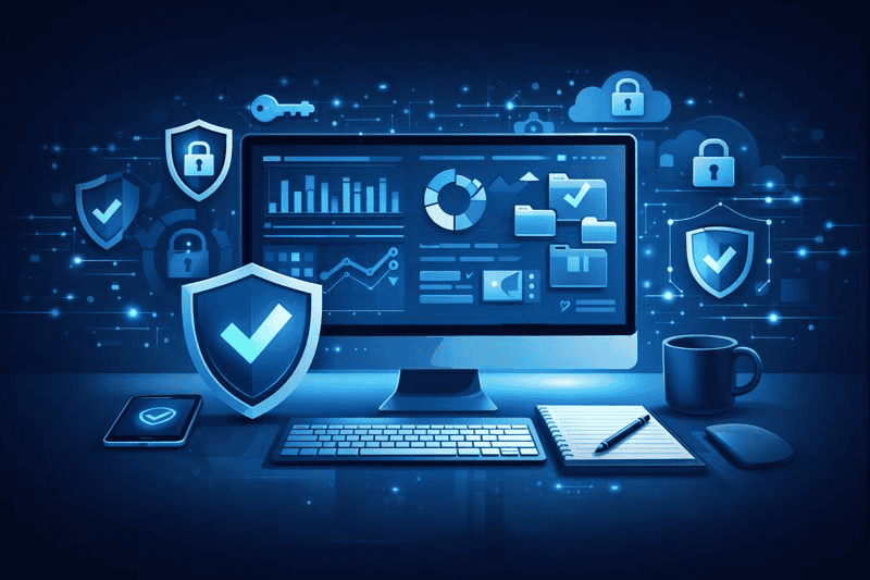 Clean digital workspace with cybersecurity shields, locks, and organized data dashboards