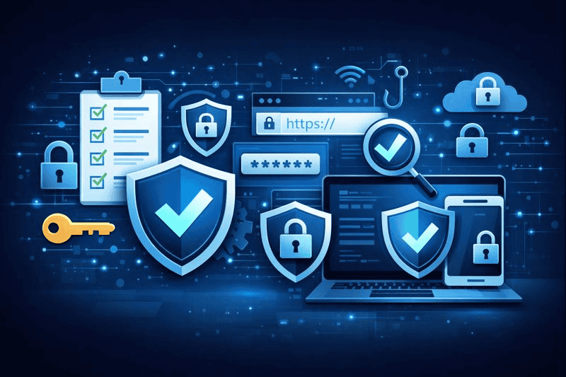 Modern cybersecurity illustration with checklists, secure devices, and what is cyber hygiene icons