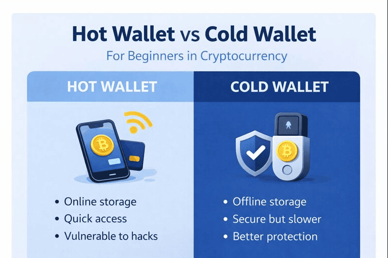 Simple infographic comparing hot wallet vs cold wallet.