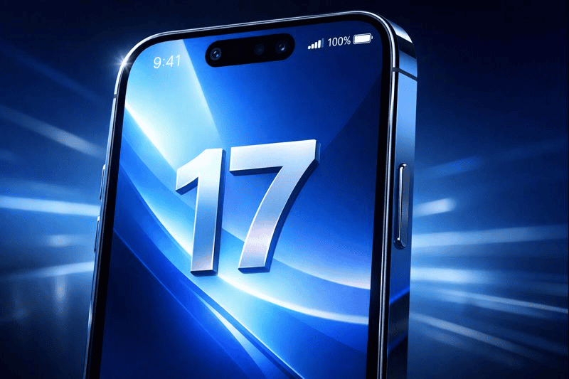 iPhone 17 close-up showing bright display and sleek edges