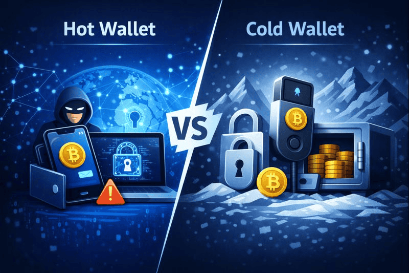 Cybersecurity contrast: hot wallet online, cold wallet offline locked.