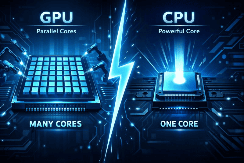 GPU with many cores vs single-core CPU illustration.