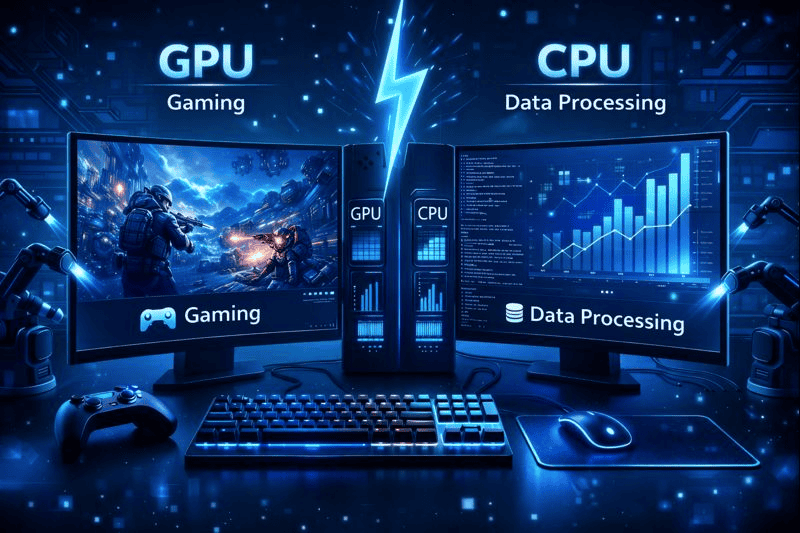 Gaming and data tasks split between GPU and CPU.