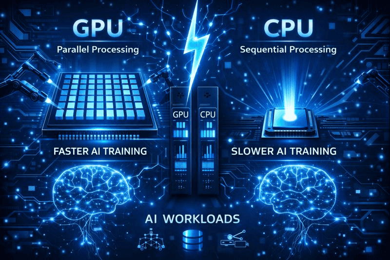 GPU accelerates AI training; CPU slower for AI workloads.