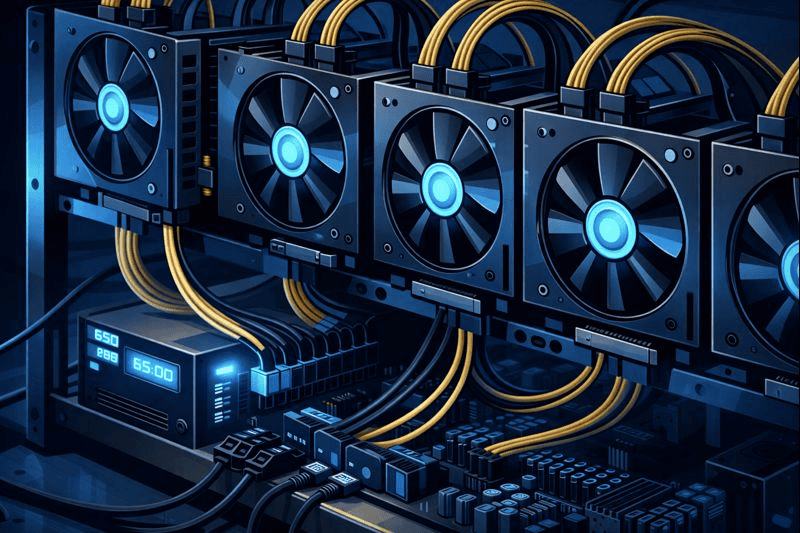 Close-up of GPU mining fans, cables, and PSU setup