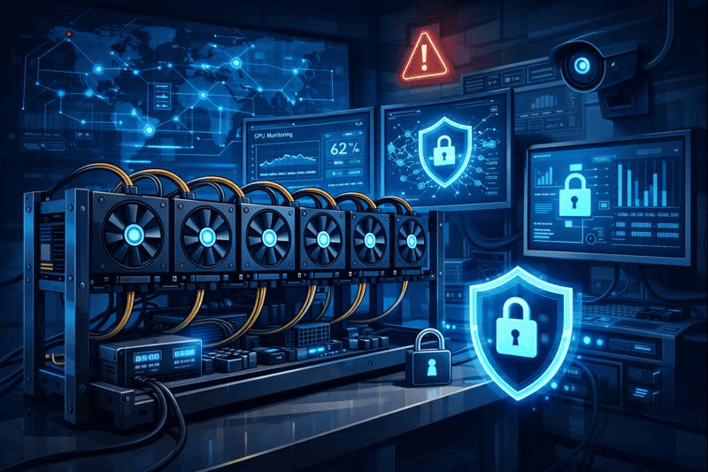 Secure GPU mining setup with cybersecurity dashboards and network alerts