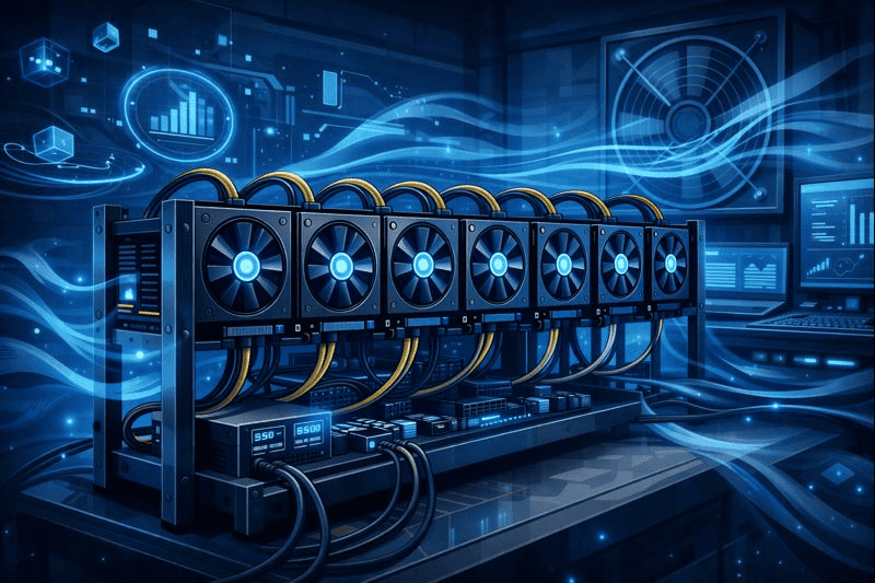 Futuristic GPU mining rig with airflow and high-end tech