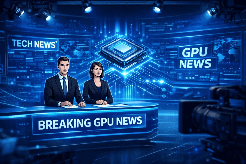 News anchors present breaking GPU update in tech studio.