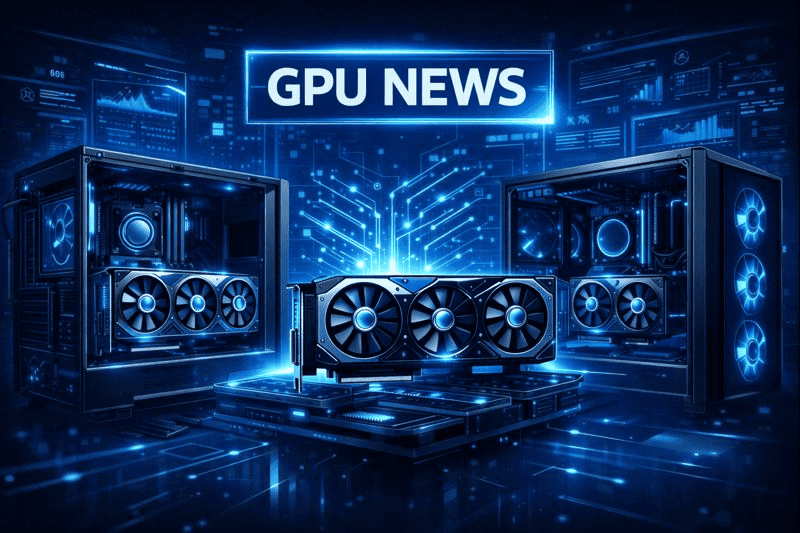 Next-gen GPUs displayed in glowing computer setups.