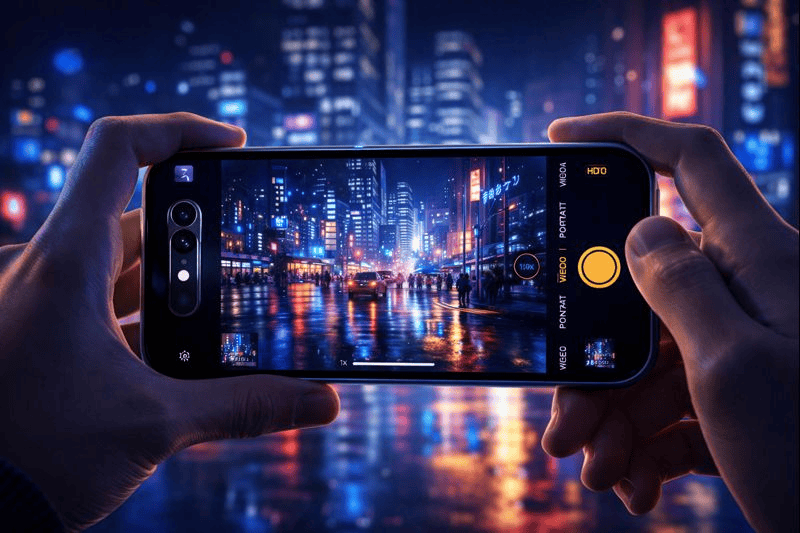 Hands using iPhone 17 camera capturing vivid city lights at night