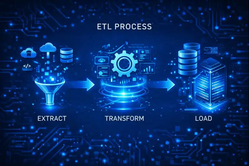Infographic illustrating the ETL process—data extraction from multiple sources, transformation into unified formats, and loading into a centralized data warehouse.