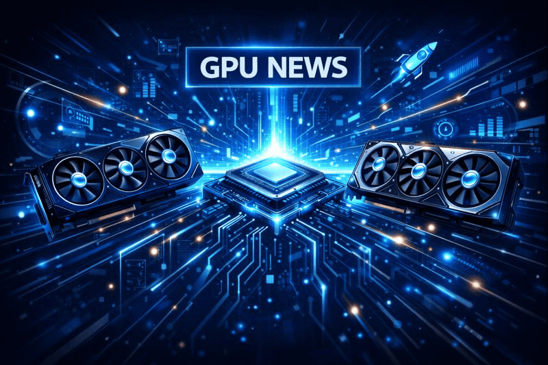 Abstract GPU news concept with glowing processors and futuristic design.