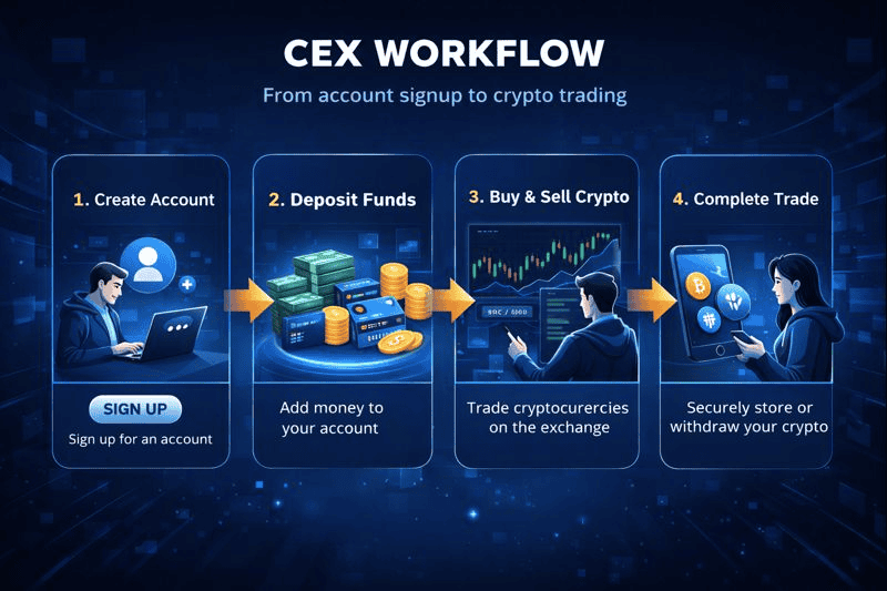 CEX trading process from signup to crypto withdrawal.