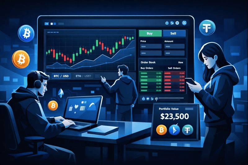 Cryptocurrency exchange dashboard with live charts, wallets, and traders.