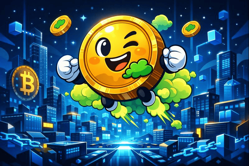 Playful Fartcoin floating over digital blockchain city.
