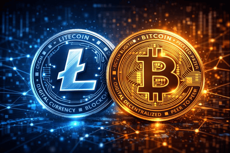 Litecoin and Bitcoin coins compared, silver versus gold cryptocurrencies on digital network background