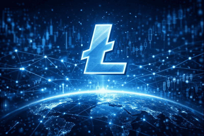 Litecoin symbol hovering above global financial network and blockchain technology