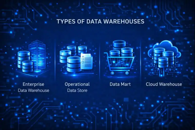 Diagram showing four types of data warehouses: enterprise data warehouse, operational data store, data mart, and cloud warehouse, each with a distinct icon.