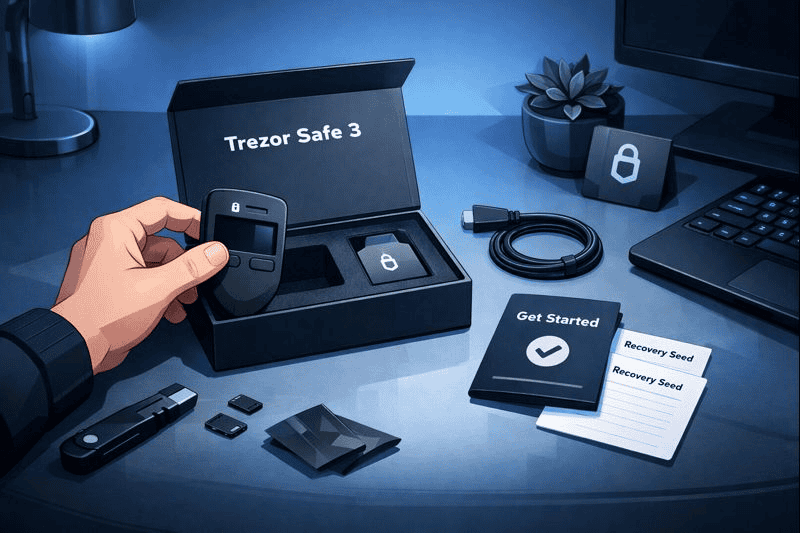 Trezor Safe 3 hardware wallet being unboxed on a sleek, minimalist desk.