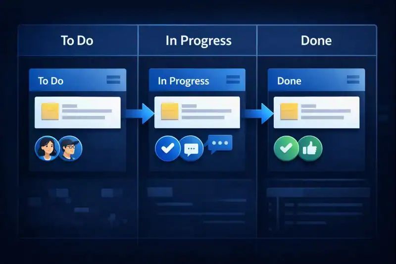 Step-by-step visual guide of a task progressing through a digital Kanban board from “To Do” to “Done,” using Jira.
