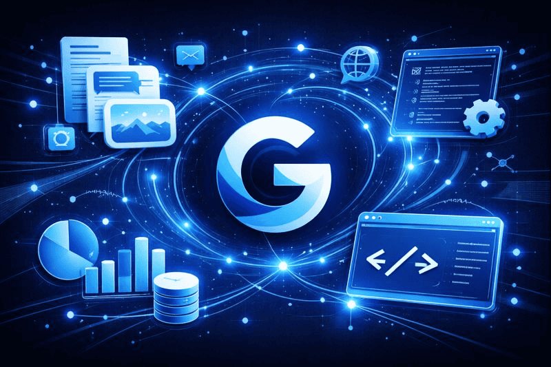Abstract illustration showing Google Gemini connecting text images code data