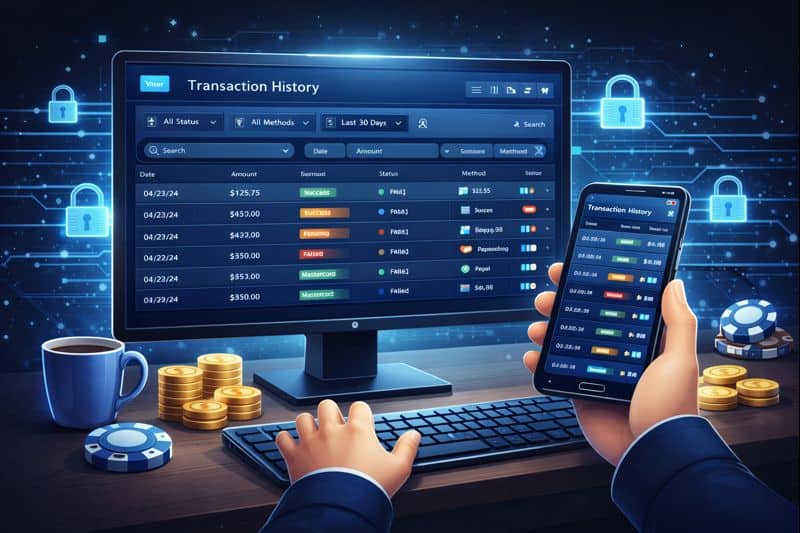 Transaction history interface displaying casino site payment records