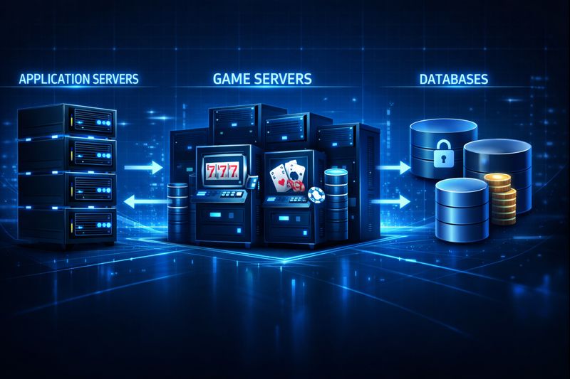 Casino site backend architecture showing application servers, game servers, and databases