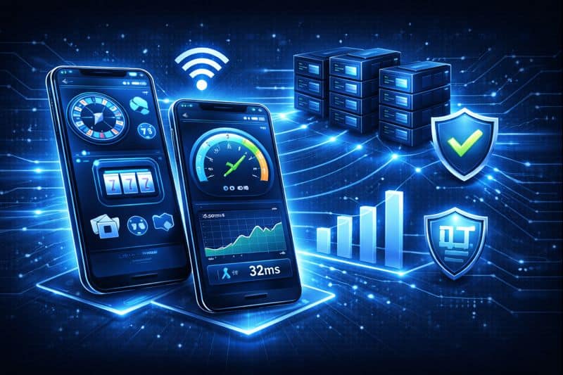 Casino site mobile technology highlighting performance and network stability on smartphones