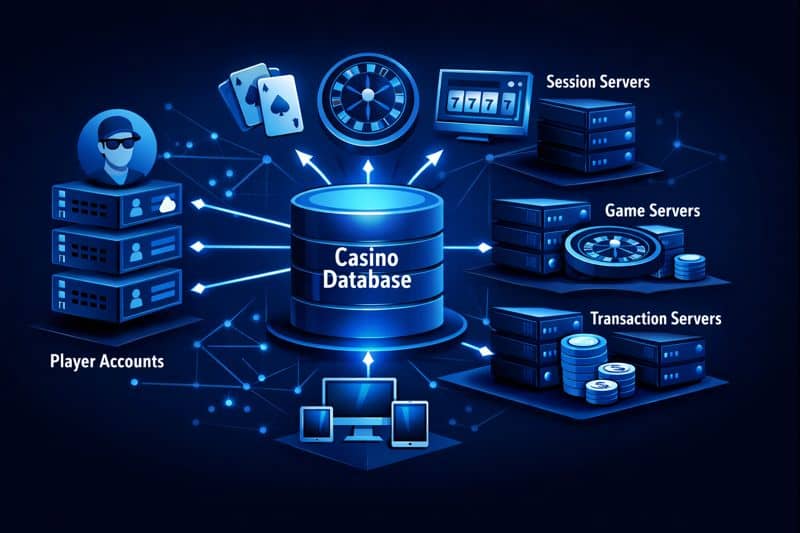 카지노 사이트 데이터베이스 플레이어 계정 등을 여러 시스템에 걸쳐 저장하는 방식을 보여주는 다이어그램
