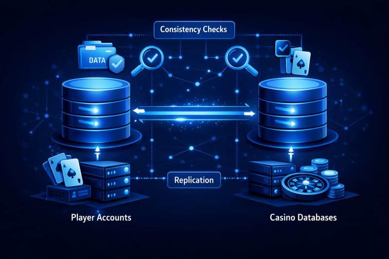 Simplified flow showing data consistency checks and replication in a casino site database