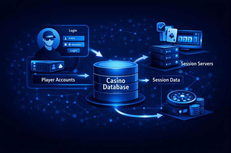 Example flow of player login and session data being retrieved from a casino site database