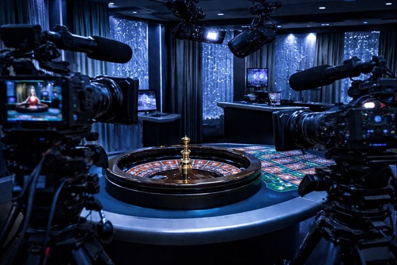 Live dealer studio setup with multiple cameras and a roulette table