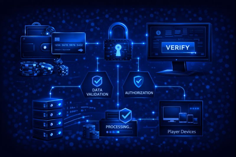 Casino site transaction validation checking data and authorization before processing