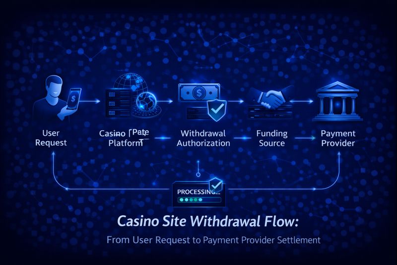 Diagram showing casino site withdrawal flow from user request to payment provider settlement