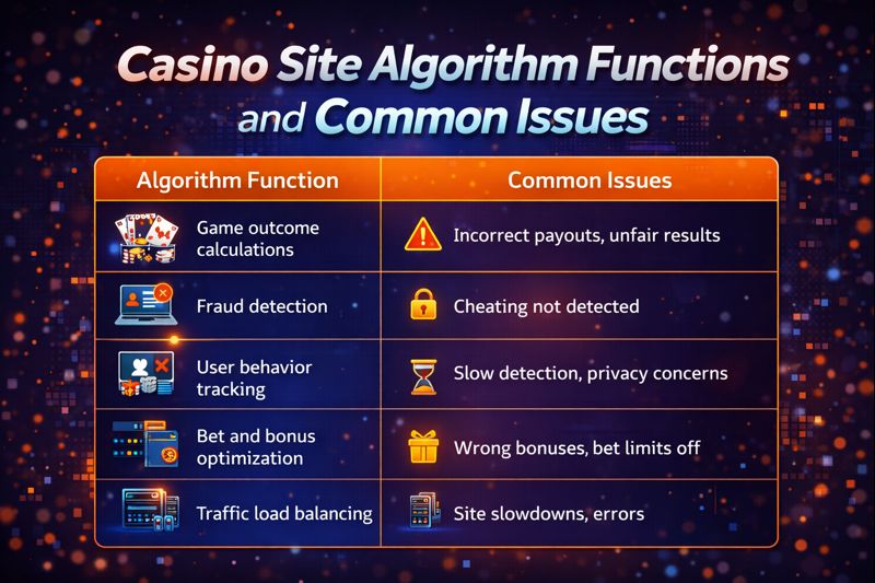 Table summarizing casino site algorithm functions and common issues