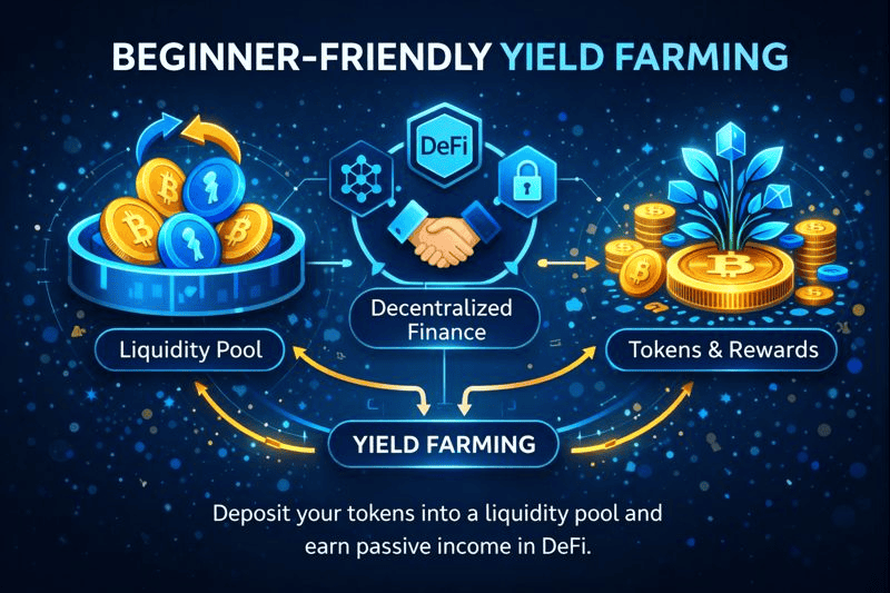 Yield farming infographic showing DeFi process flow.