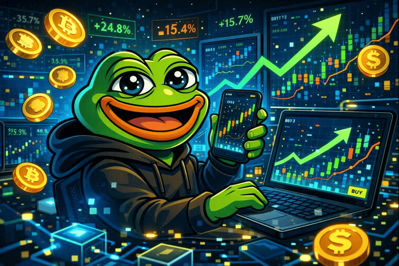 Pepe frog trading crypto on digital screens with rising charts.